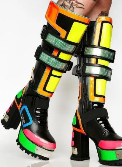 Woman Punk Style Intrigue Patchwork Knee High Boots