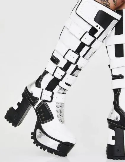 Woman Punk Style Intrigue Patchwork Knee High Boots