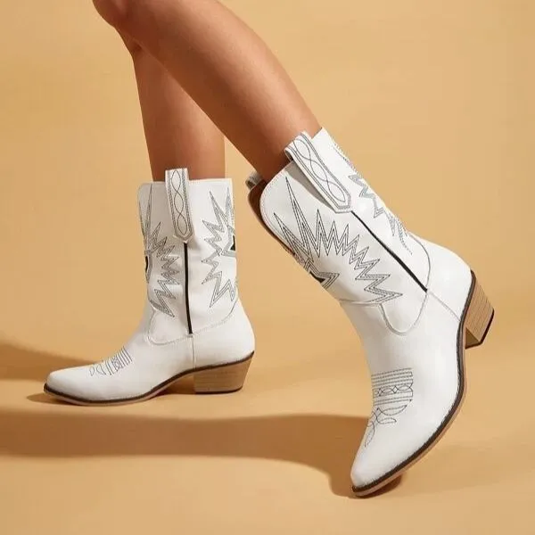 Women Pointed Toe Embroidered Boots Low Heel Block Heel Boots