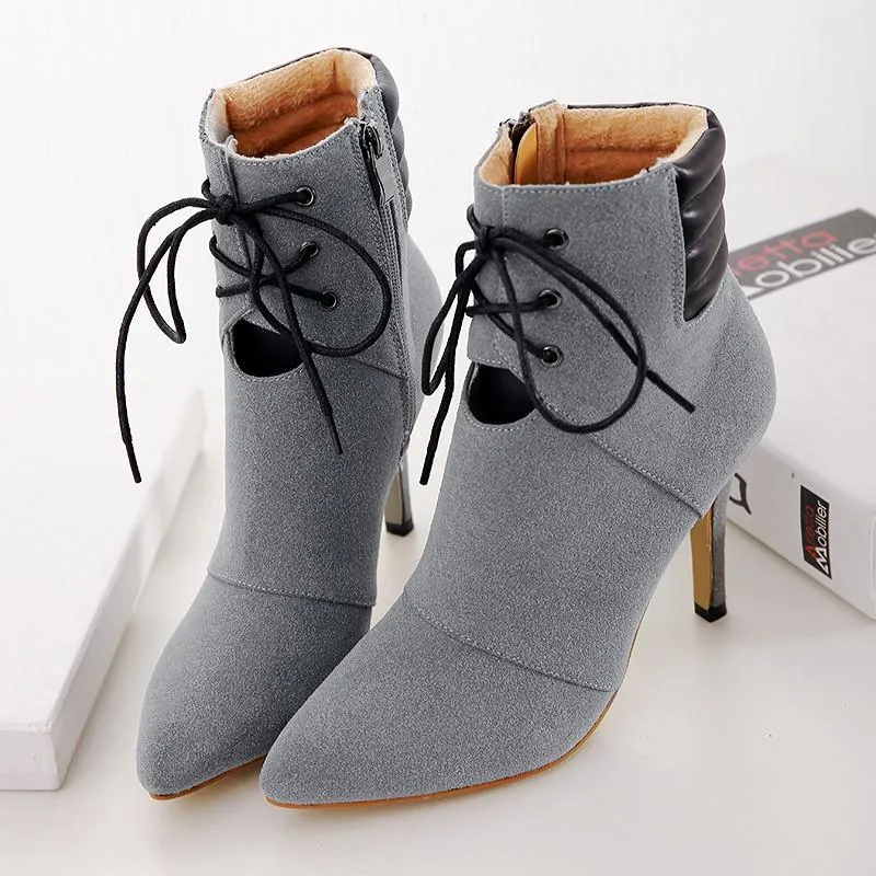 Women's Pointed Toe Lacing High Heel Boots