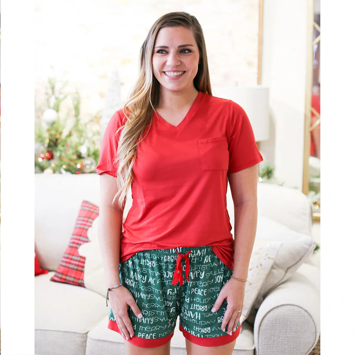 Women's V-Neck Pocket Sleep Tee- Bright Red