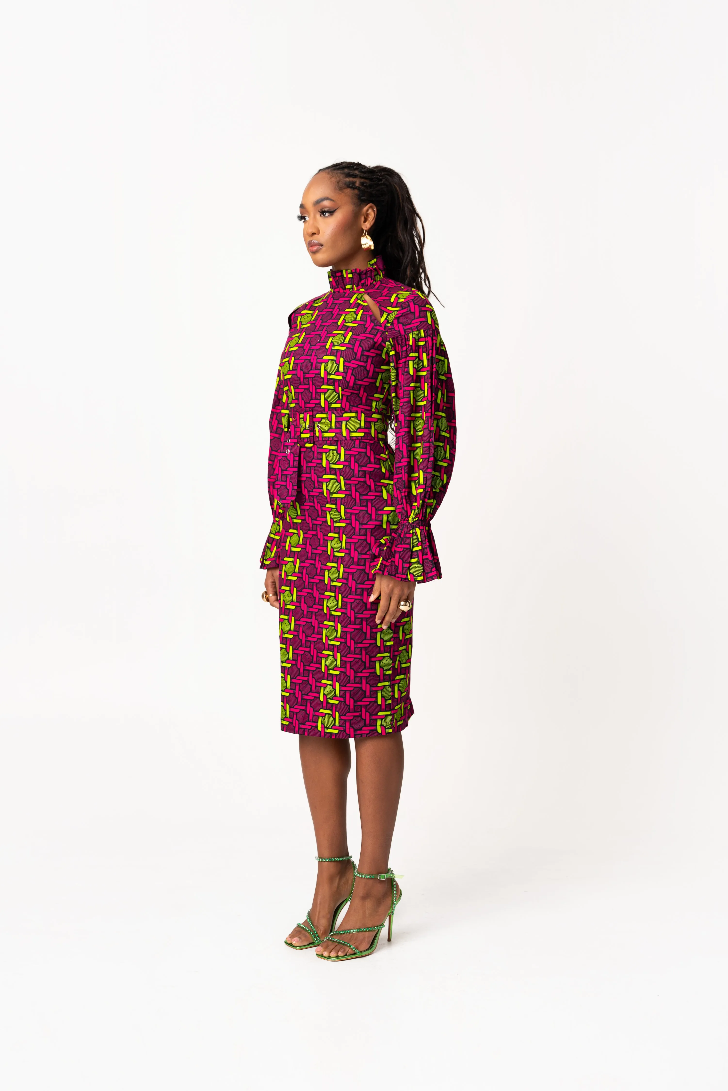 WUNMI African Print Mock Neck Midi Dress