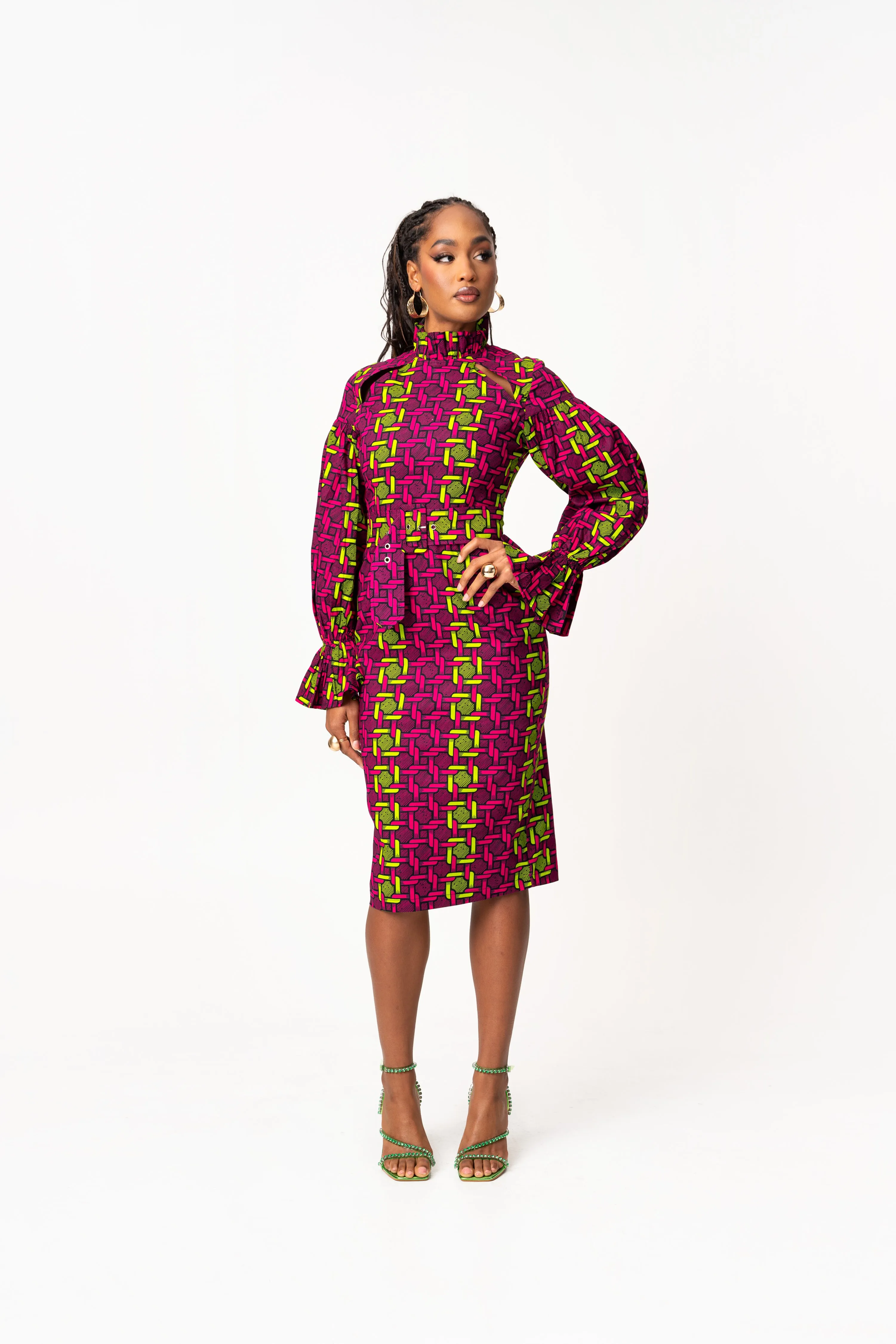 WUNMI African Print Mock Neck Midi Dress