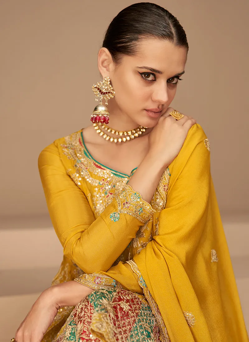 Yellow Multi Sequence Embroidery Anarkali Dhoti Pant Suit