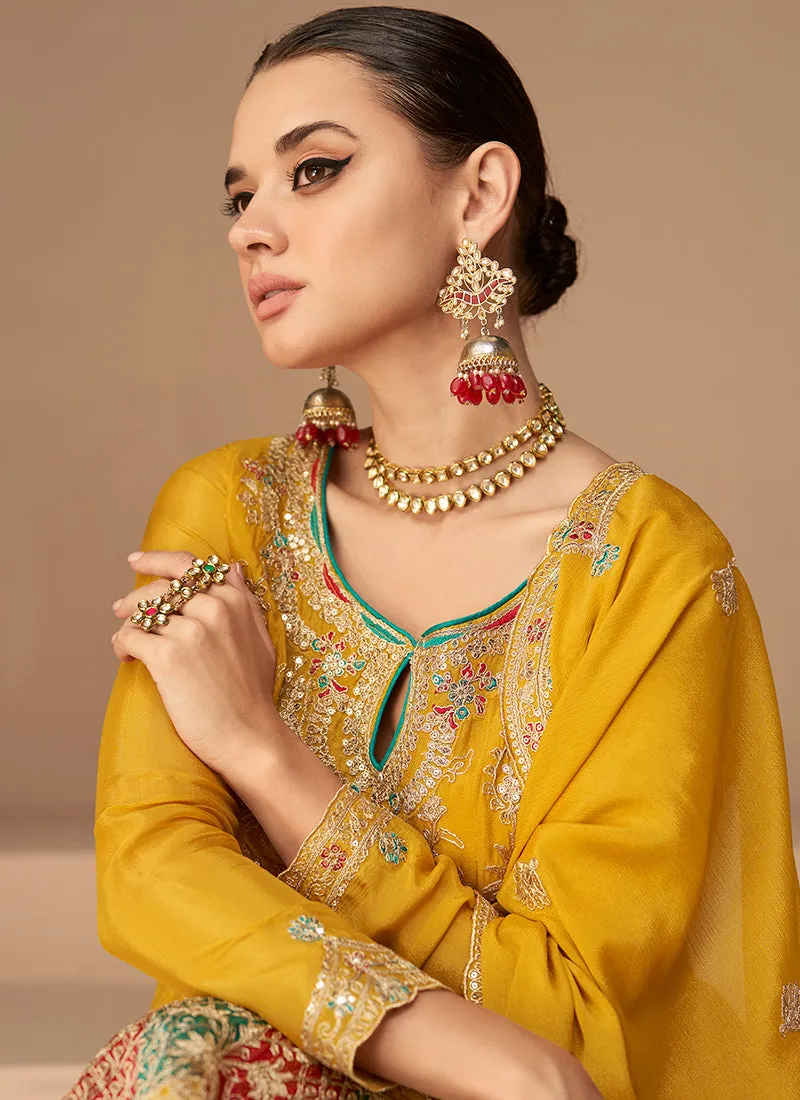 Yellow Multi Sequence Embroidery Anarkali Dhoti Pant Suit
