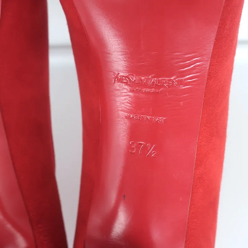 Yves Saint Laurent Tribtoo Platform Pumps Red Suede Size 37.5