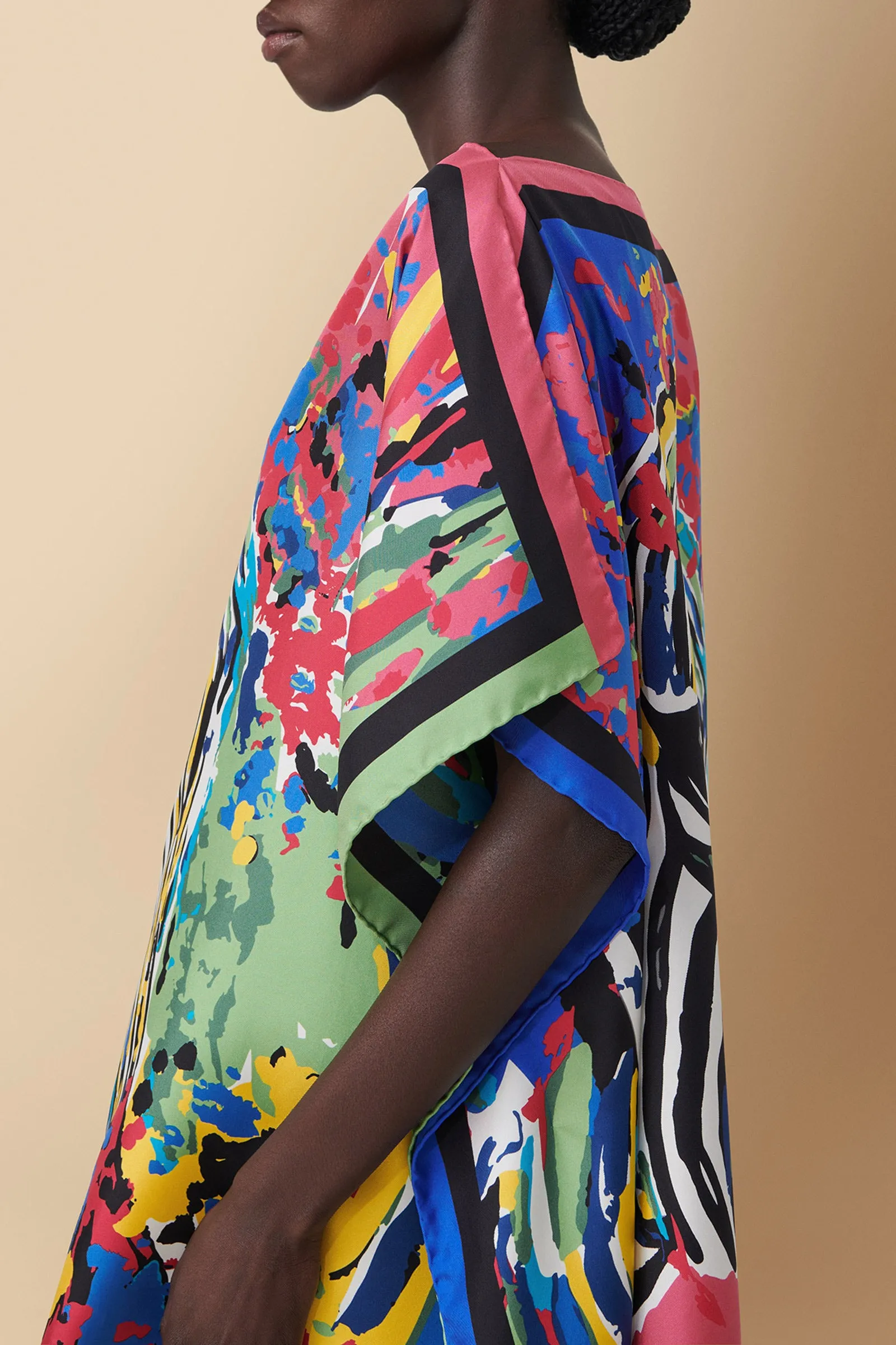 Zebra Print Silk Twill Twill Kaftan Dress Beach Coverup in Yellow