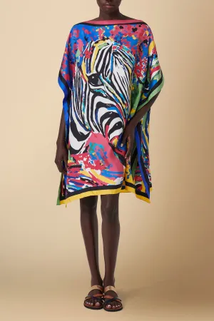 Zebra Print Silk Twill Twill Kaftan Dress Beach Coverup in Yellow